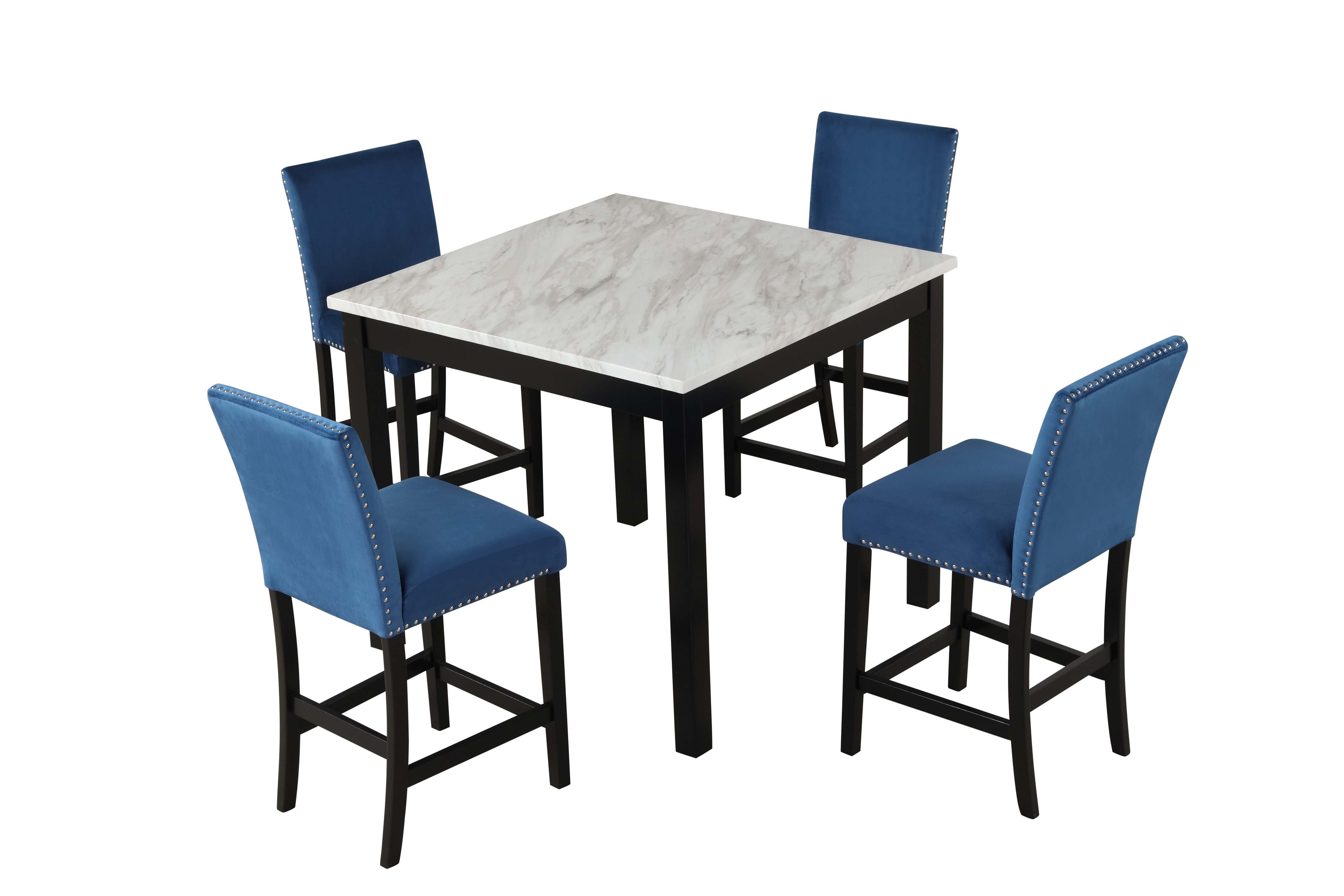 Counter height table with four counter height chairs ; Blue