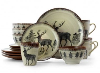 Elama Majestic 16 Piece Luxurious Stoneware Dinnerware Set (Design: Elk)