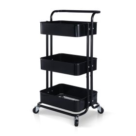 3-Tier Metal Rolling Utility Cart, Heavy Duty Craft Cart with Wheels and Handle, Black (Color: Black)