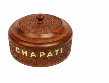 WILLART Handicraft Wooden Stainless Steel Bread Chaoati Casserole with Copper Finish Design;  1200 ml (Brown;  9 X 9 X 3.5 Inch ) (BROWN: ENGRAVED)