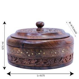 WILLART Handicraft Wooden Stainless Steel Bread Chaoati Casserole with Copper Finish Design;  1200 ml (Brown;  9 X 9 X 3.5 Inch ) (BROWN: COPPER FINISH)